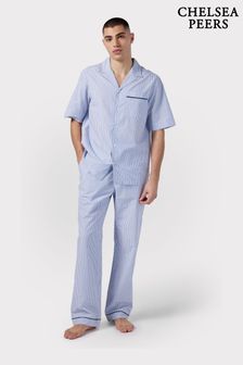 Chelsea Peers Blue Poplin Stripe Print Short Sleeve Long Pyjama Set (B59890) | 356 QAR