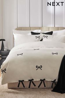 White/Black Bow Embroidered Duvet Cover and Pillowcase Set (B59987) | $56 - $104