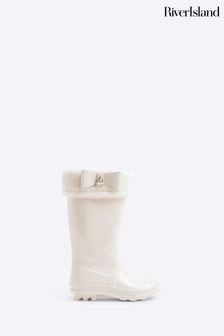 River Island Cream Girls Faux Fur Bow Wellie Boots (B60064) | €28