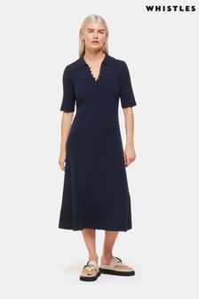 Whistles Petite Blue Knitted Ribbed Midi Dress