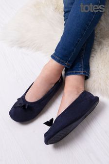 Totes Navy Isotoner Terry Ballet Slippers With Bow (B60690) | ￥3,170