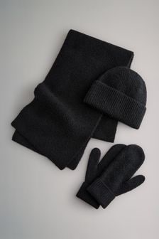 The Set Black 3 Piece Hat Scarf Mittens Gift Set with Wool (B60929) | $49