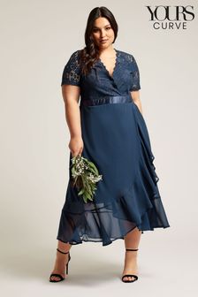 YOURS LONDON Curve Blue Lace Wrap Ruffle Midi Dress (B61047) | AED449