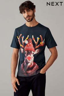 Navy Blue Reindeer Christmas 100% Cotton T-Shirt (B61048) | $25