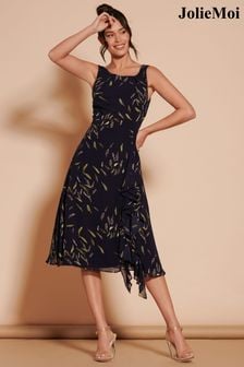 Jolie Moi Black Print Frill Hem Chiffon Midi Dress (B61301) | SGD 132