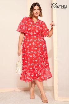 Красный - Платье миди с запахом и шифоновым принтом Curves Like These (B61379) | €100