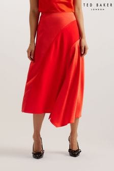 Ted Baker Red Bolsena Satin Midi Skirt With Asymmetric Hem
