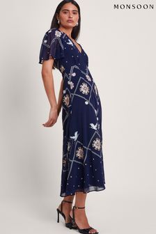 Monsoon Blue Neela Embroidered Tea Dress (B61823) | 792 QAR