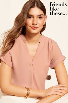 Friends Like These Pink V Neck Roll Sleeve Button Blouse (B62099) | 191 SAR