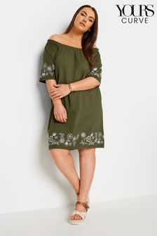 Vert - Yours Curve 100% Cotton Embroidered Bardot Dress (B62609) | €38