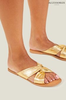 Accessorize Gold Metallic Leather Knot Sandals