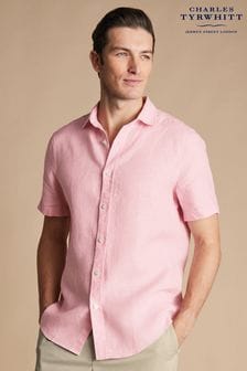 Charles Tyrwhitt Pink Classic Fit Plain Short Sleeve Pure Linen Shirt (B62935) | €86