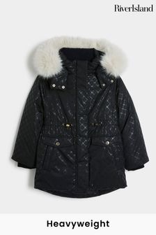 River island black parka white fur store