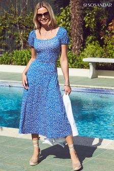 Sosandar Blue Ditsy Floral Print Puff Sleeve Jersey Midi Dress (B63414) | 371 QAR