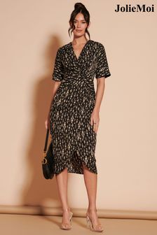 Jolie Moi Black Print Twist Front Tulip Midi Dress (B63441) | $111