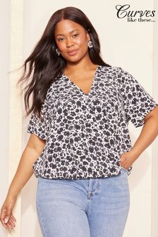 Curves Like These Black/White Short Sleeve Wrap Blouse (B63550) | AED200