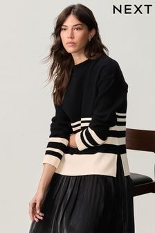 Monochrome Black/Ecru Cream Stripe Compact Cosy Crew Neck Jumper With Side Split Detail (B63793) | $51