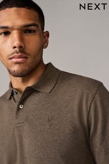 Brown Marl Long Sleeve Pique Polo Shirt (B64143) | $34