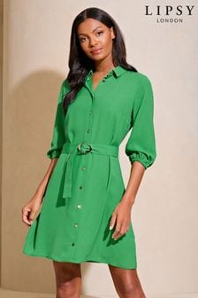 Lipsy Green Petite Woven Belted Button Through Mini Shirt Dress (B64228) | $64