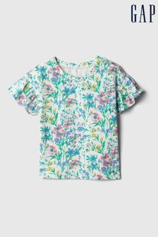 Gap White, Blue & Pink Floral Print Short Flutter Sleeve Crew Neck T-Shirt (3mths-5yrs) (B64502) | €9