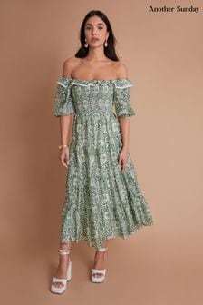 Another Sunday Green Bardot Milkmaid Lace Trim Detail Midi Tiered Dress (B64663) | $111