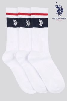U.S. Polo Assn. Mens Brand Stripe Sports White Socks 3 Pack