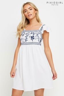 PixieGirl Petite White Girl 100% Cotton Embroidered Smock Mini Dress (B64960) | $67