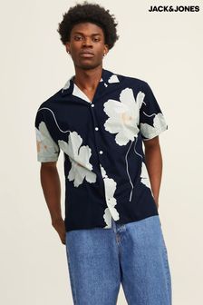 JACK & JONES Blue Printed Rever Collar Short Sleeve Shirt (B65495) | $56