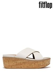 Fitflop Eloise Leather Cork Wedge Cross White Slides (B65503) | 776 LEI