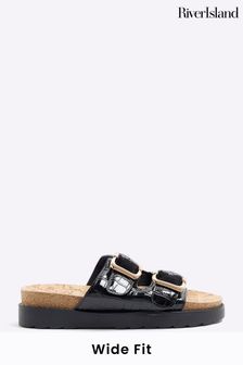 River Island Black Wide Fit Double Buckle Sandals (B65541) | SGD 68