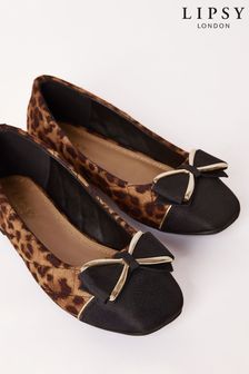 Lipsy Animal Brown Faux Leather Flat Slip On Quilted Bow Ballerina School Shoe (B65731) | $58 - $71