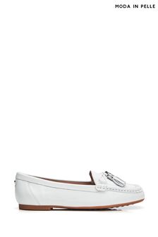 Moda in Pelle Famina Square Toe Bow Tassel Trim Lined White Loafers (B65739) | AED494
