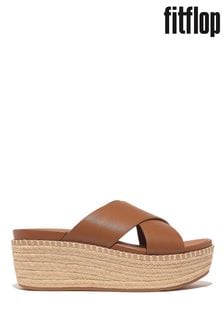 FitFlop Eloise Espadrille Leather Wedge Cross Brown Slides (B65858) | €179