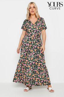 Yours Curve Pink & Orange Navy Blue Floral Print Wrap Maxi Dress (B65902) | AED216