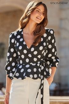 Sosandar Black Spot Print Peplum Hem Wrap Top (B65991) | $84