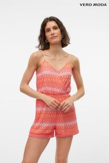 VERO MODA Pink Abstract Print Crochet Cami Playsuit (B66238) | SGD 54