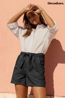 Threadbare Black Linen Blend Shorts With Self Tie Belt (B66454) | $61