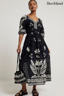 River Island Black V-Neck Midi Tea Dress (B67517) | kr714