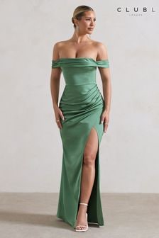 Club L London Green Katia Satin Bardot Fishtail Maxi Dress (B67695) | $163