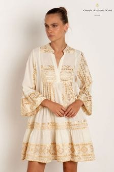 Greek Archaic Kori Natural 100% Cotton Embroidered Tiered Mini Dress (B68042) | $266