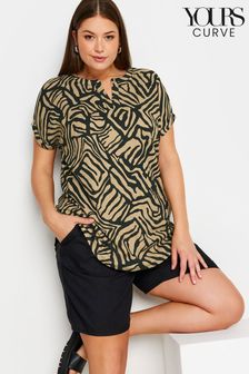 Yours Curve Brown Abstract Print Textured Notch Neck Top (B68358) | €34