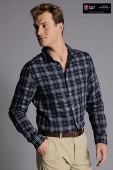 Умеренный синий - Приталенная льняная рубашка с короткими рукавами Charles Tyrwhitt Pure (B68453) | €93