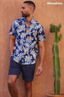 Blau - Threadbare Kurzärmeliges Baumwollhemd mit tropischem Print (B68650) | 37 €