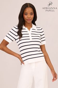 Adrianna Papell Pointelle Short Sleeve Polo Striped V-placket White Sweater (B68761) | NT$2,290