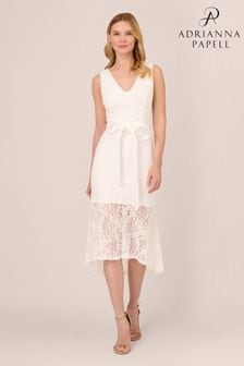 Adrianna Papell Lace Midi Flounce White Dress
