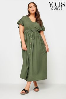 Yours Curve Khaki Green Linen Maxi Dress (B69139) | LEI 215