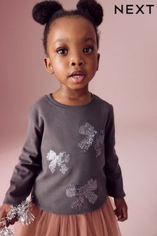 رمادي رمادي داكن - 100% Cotton Long Sleeve Bow Sequin T-shirt (9mths-7yrs) (B69274) | 4 ر.ع - 5 ر.ع