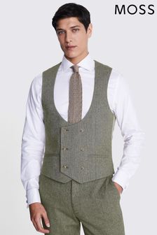 MOSS Slim Fit Green Sage Herringbone Tweed Waistcoat (B69830) | SGD 174