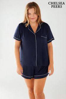 Chelsea Peers Blue Curve Modal Button Up Short Pyjama Set (B70094) | 188 QAR