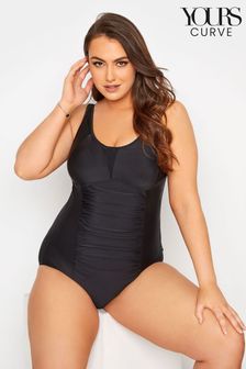 Yours Curve Black Black Ruched Mesh Tummy Control Swimsuit (B70429) | SGD 56